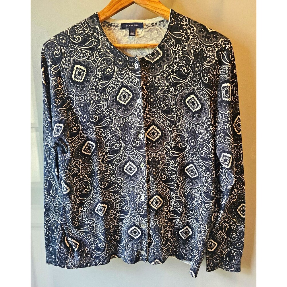 Lands' End Womens L Black White Paisley Cotton Knit Cardigan Crewneck Buttons